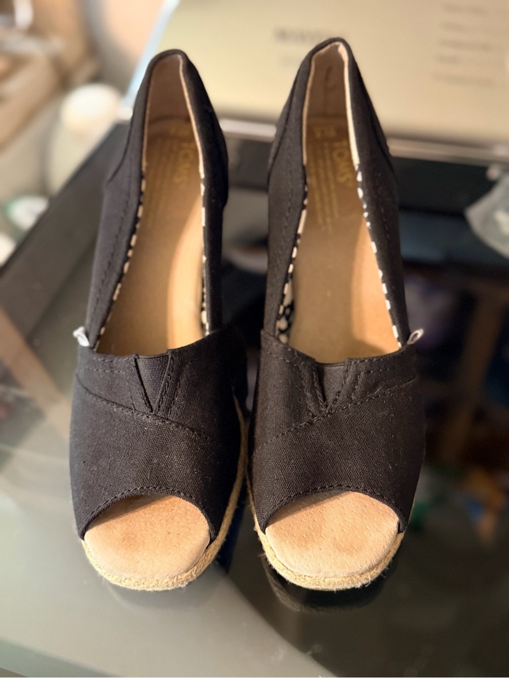 TOMS Black Canvas Peep Toe Espadrille Wedge Heels Women’s Size 6 Slip On